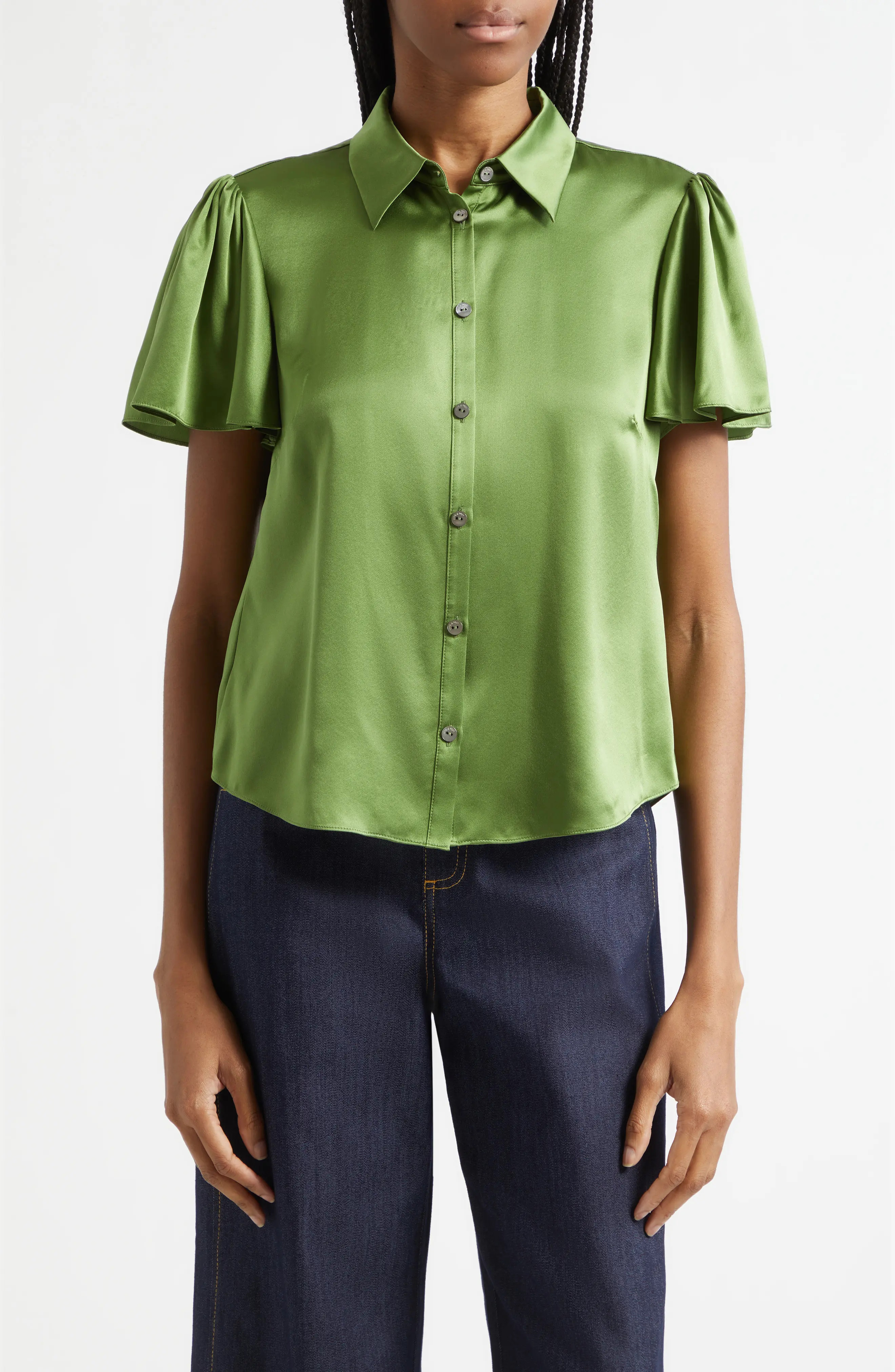 Cinq à Sept Fiona Flutter Sleeve Silk Satin Button-Up Shirt in Kale at Nordstrom, Size X-Large | Nordstrom