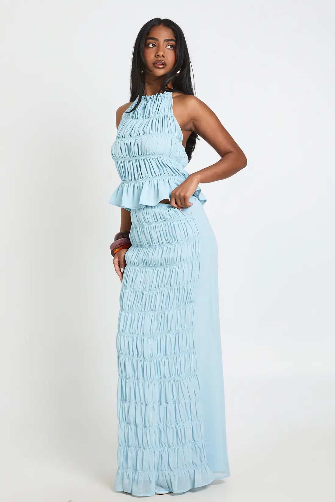 Baby Blue Shirred Chiffon Maxi Column Skirt | Boohoo | Boohoo.com (UK & IE)