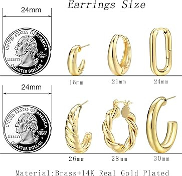 Gold Hoop Earrings Set for Women, 6 Pairs 14K Gold Plated Lightweight Hypoallergenic Chunky Open ... | Amazon (US)