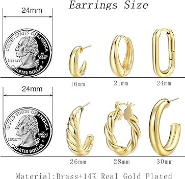 Amazon.com: Gold Hoop Earrings Set for Women, 14K Gold Plated Lightweight Hypoallergenic Chunky O... | Amazon (US)
