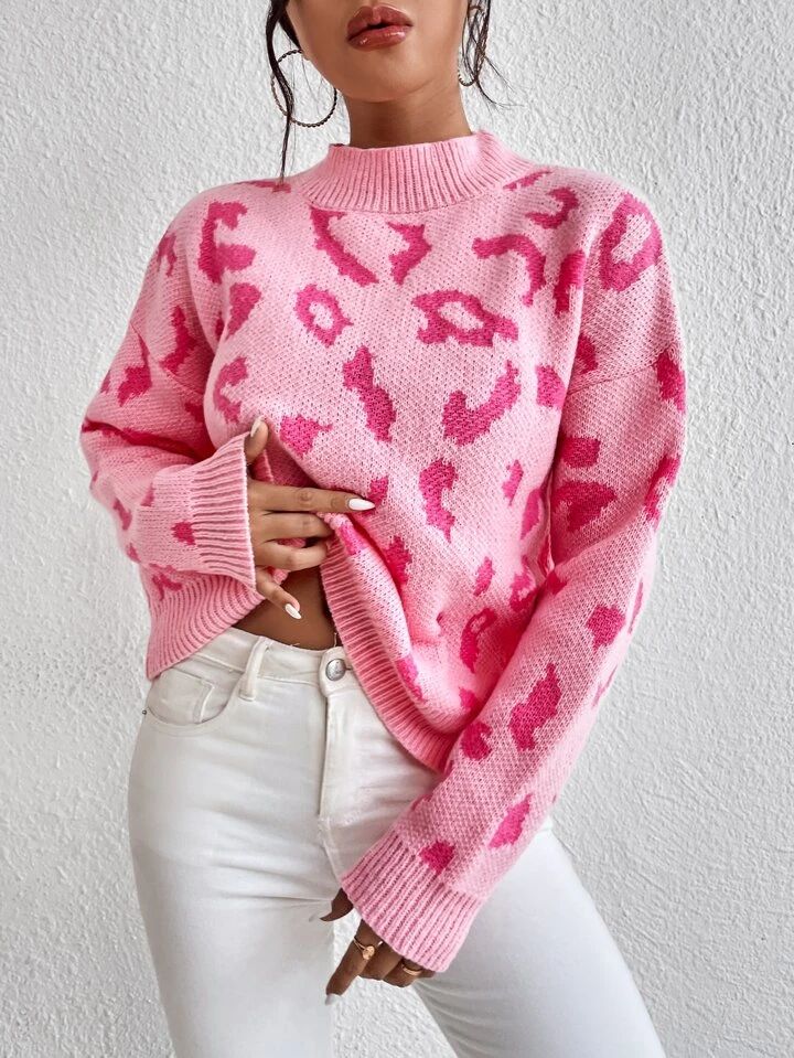 SHEIN Essnce Leopard Pattern Mock Neck Drop Shoulder Sweater | SHEIN