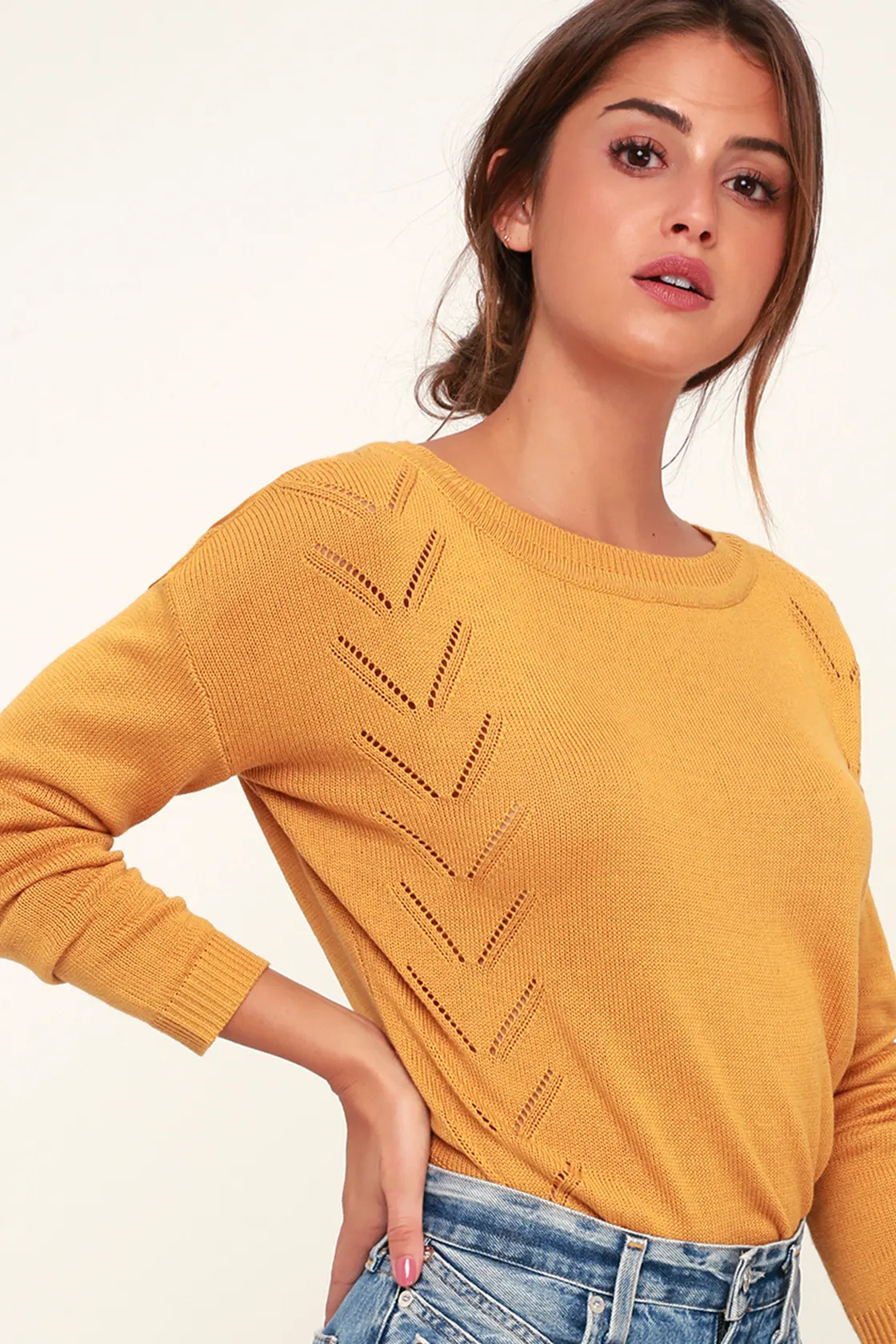 Pointelle Me More Mustard Yellow Knit Sweater | Lulus (US)