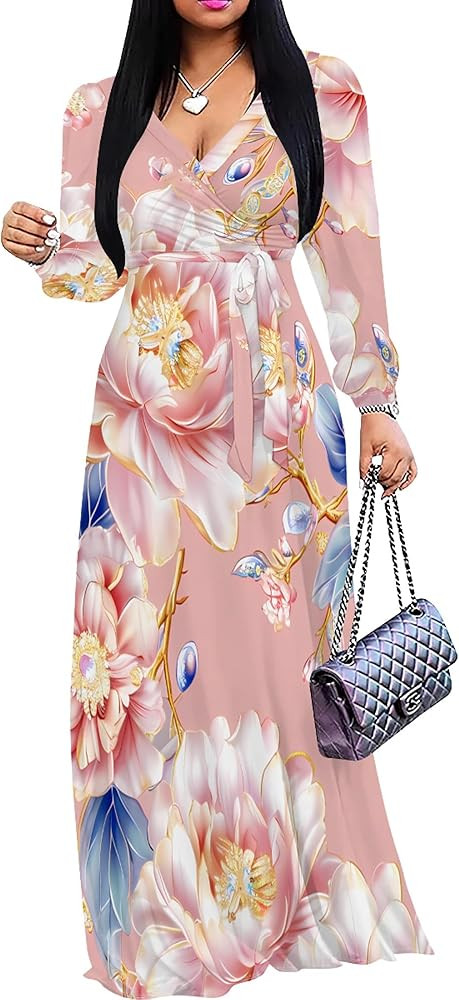 Plus Size Maxi Dresses for Women Floral Print Flowy V Neck Long Puff Sleeve with Belt | Amazon (US)