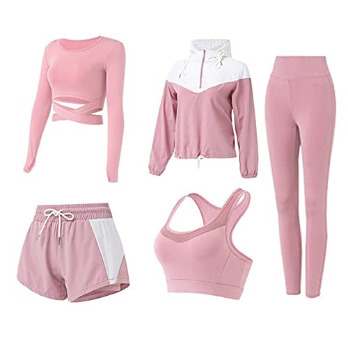 5 PCS Workout Sets for Women Running Yoga Outfits Athletic Gym Exercise Clothes Activewear Sets Tracksuit(Pink,XL) | Amazon (US)