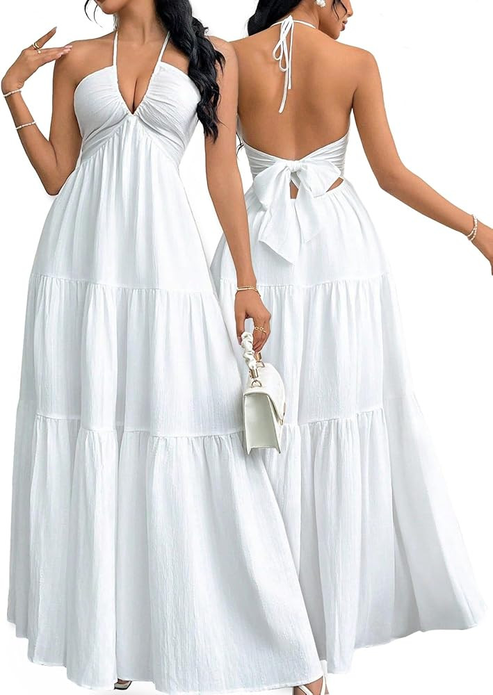 Narecte Women's Maxi Summer Dresses Halter V Neck Beach Dresses for Women A-Line Casual Dress for... | Amazon (US)
