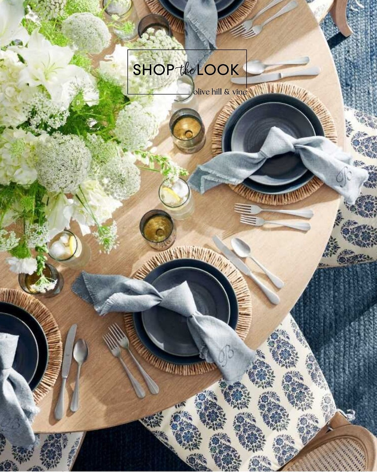 Seeing yesterday’s mood board pieces come together like this makes the vision feel real. Woven chargers, deep blue stoneware, soft linen napkins, and classic flatware layered on a warm wood table—finished with fresh white florals for a beautifully pulled-together dining moment. 

 

#LTKHome