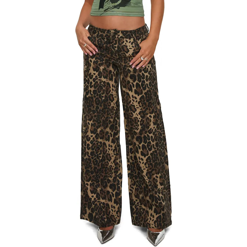 Princess Polly Pantar Leopard Print Low Rise Wide Leg Jeans in Brown at Nordstrom Rack, Size 8 | Nordstrom Rack