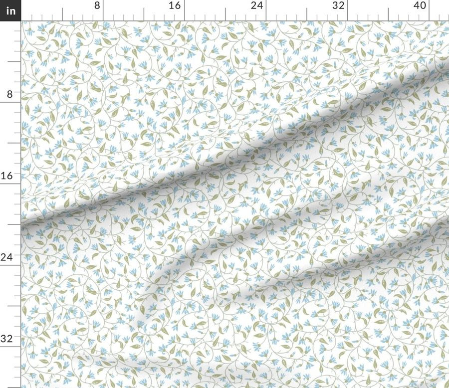 Fabric in Pastel blue and green on white whimsical cottage core floral vine | Spoonflower