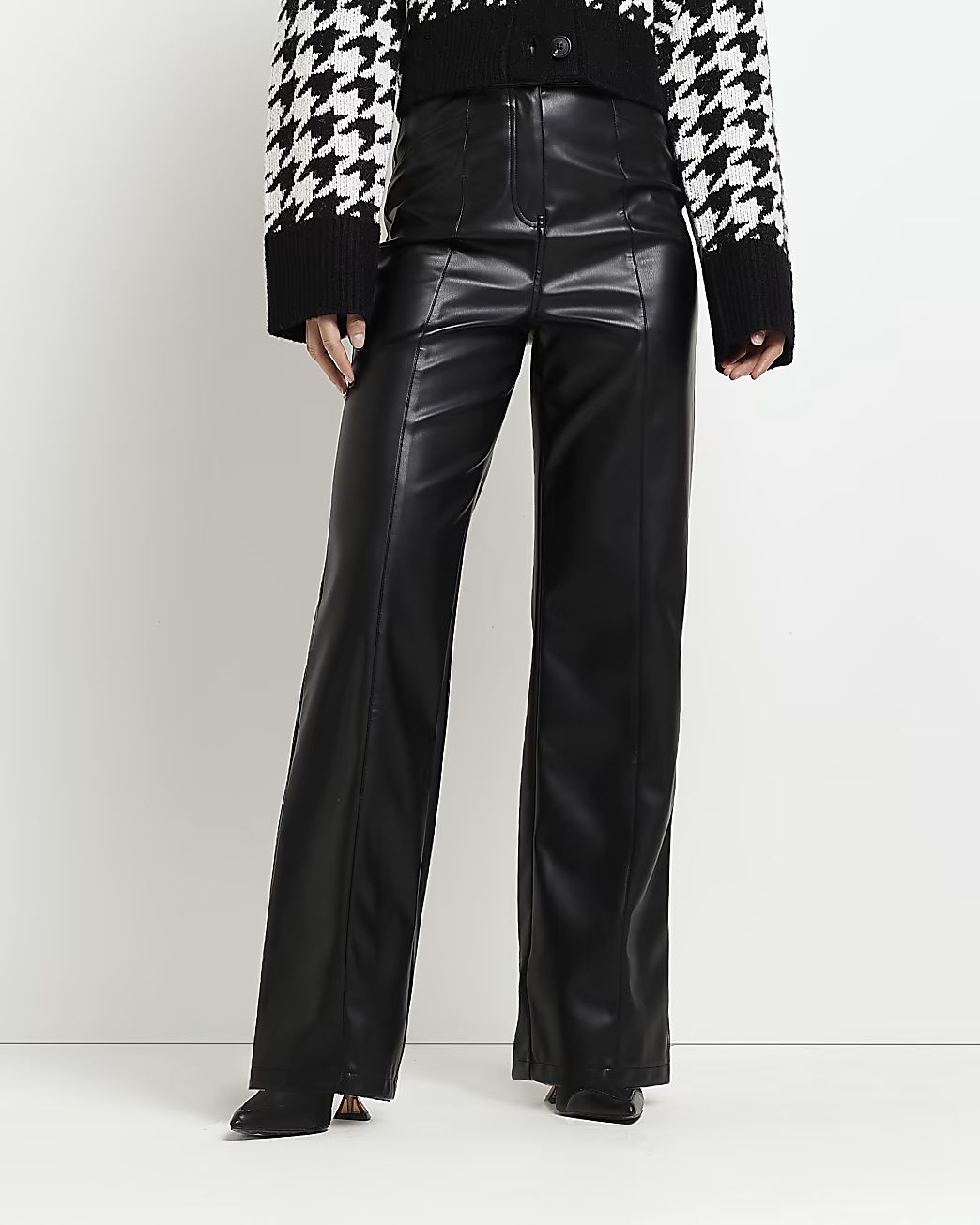 River Island Womens Black faux leather straight pants | River Island (US)
