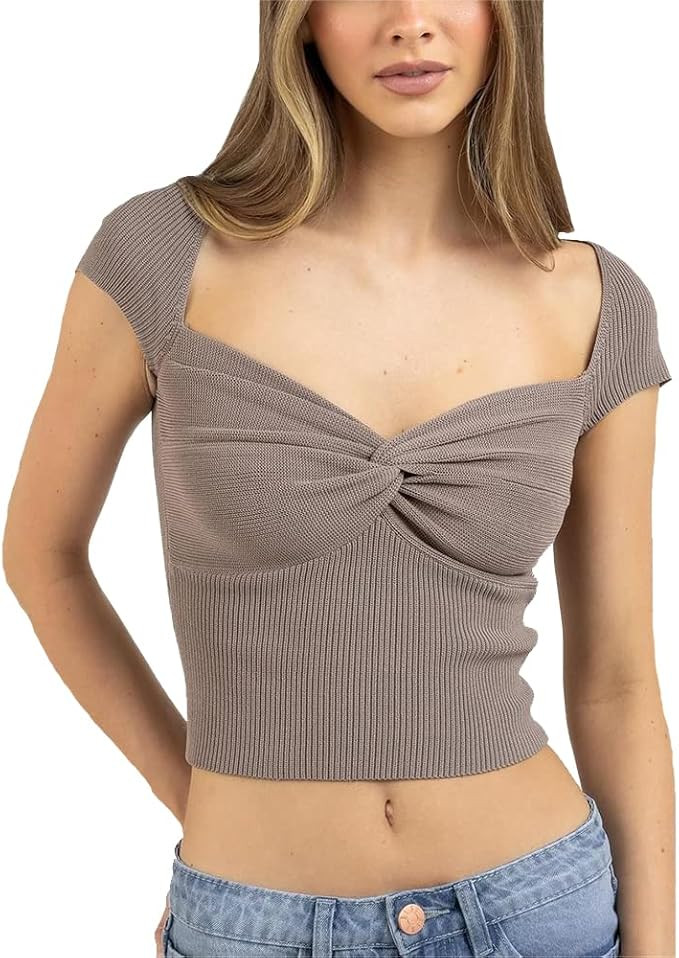 Sdencin Women Sweetheart Neck Front Knot Twist Ruched Knit Crop Top Cap Sleeve Slim Fit Solid Sex... | Amazon (US)