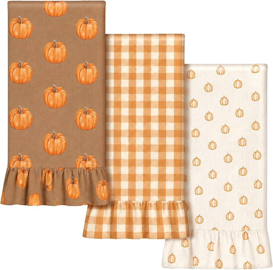 Fanfanwin 3 Pcs Fall Pumpkins Kitchen Towels, 100% Cotton Ruffled 17" x 28" | Amazon (US)