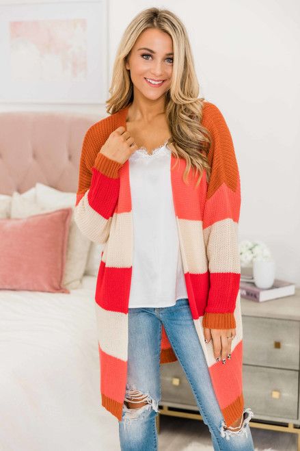 You're Here With Me Red Colorblock Cardigan | The Pink Lily Boutique