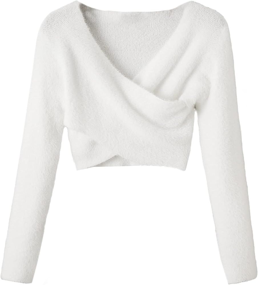 SheIn Women's Fuzzy Knit Criss Cross Long Sleeve Crop Sweater Wrap V Neck Top | Amazon (US)
