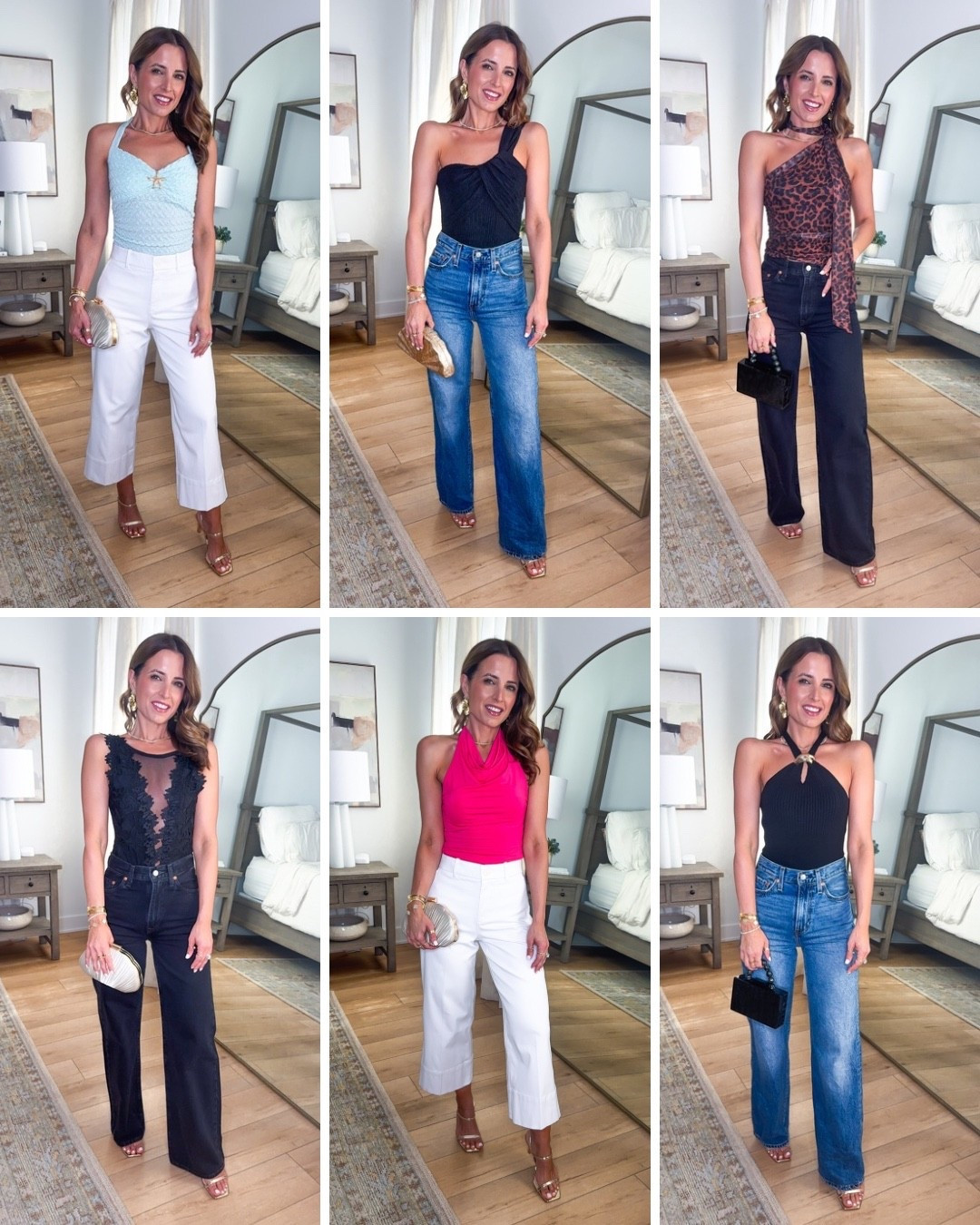 Amazon date night outfits. Amazon concert outfits. Girls night out. Concert outfits. Amazon date night tops. Vacation outfits. XS in tops and size 24 in wide leg jeans, color ‘polar perimeter’ and ‘Rosie posie’. XS petite in white wide leg pants. Heels are TTS. 

#LTKFestival #LTKPetite #LTKootd