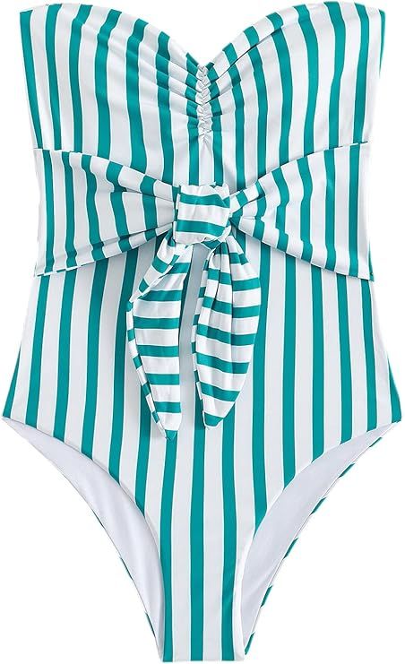 MakeMeChic Women's Bandeau One Piece Swimsuit Strapless Striped Tie Front Bathing Suit | Amazon (US)