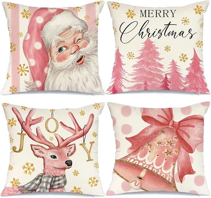 Christmas Pillow Covers 18x18 Set of 4 for Christmas Decorations Santa Claus Christmas Tree Reindeer | Amazon (US)