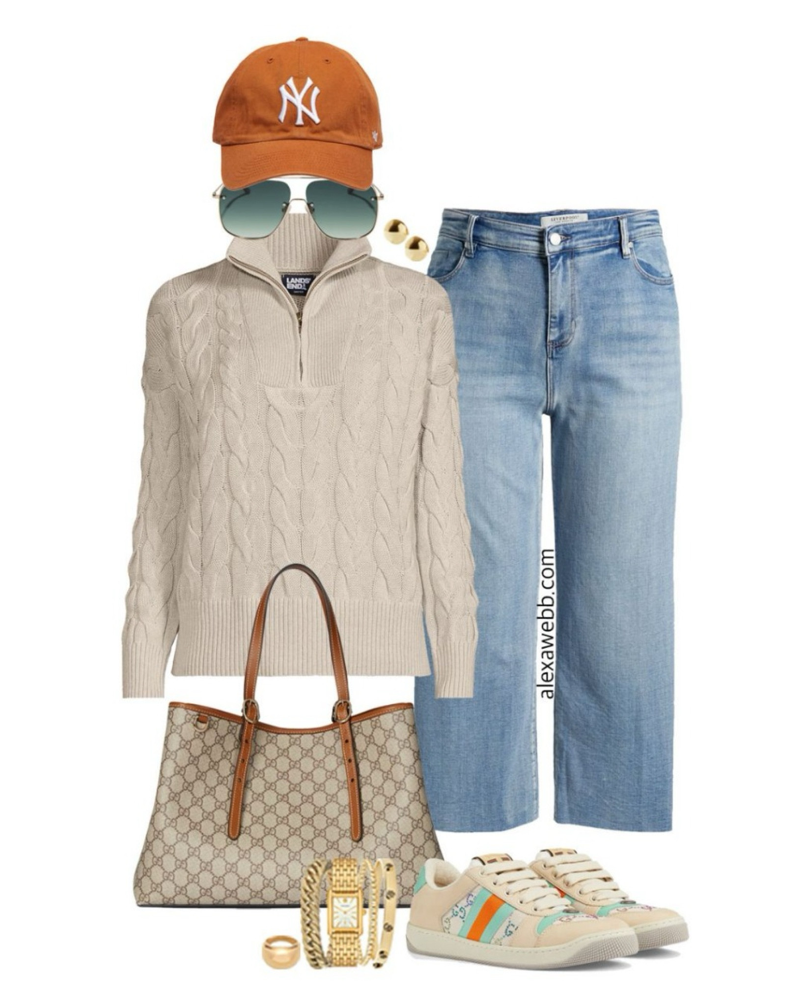 Plus Size Early Spring Crops Outfit - A plus size casual outfit for early spring with wide leg cropped jeans, a quarter zip cable knit sweater, and Gucci sneakers. A little preppy spring outfit idea for casual days. Alexa Webb #plussize

#LTKStyleTip #LTKSeasonal #LTKPlusSize