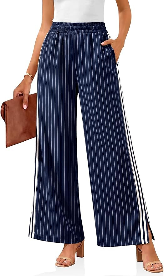 Cicy Bell Womens Palazzo Striped Pants Wide Leg High Waisted Baggy Business Casual Side Split Ela... | Amazon (US)