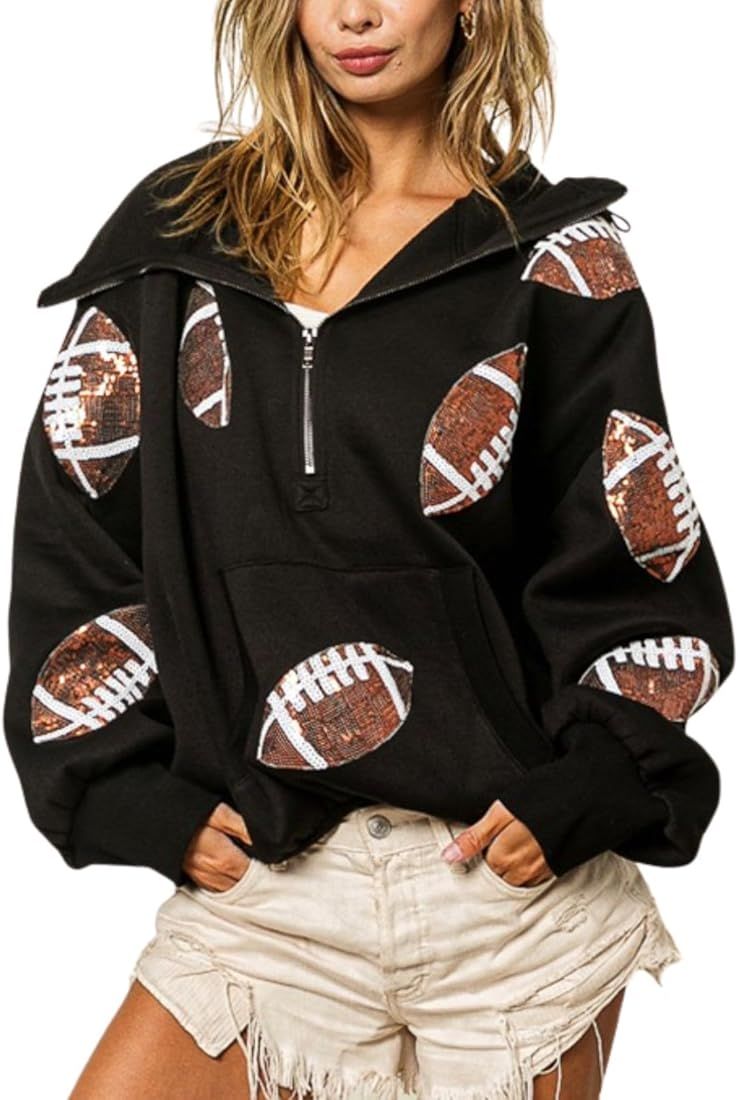 Joiemont Womens Football Sequin Rugby Patches Half Zip Up Fleece Hoodie Casual Pullover Long Slee... | Amazon (US)