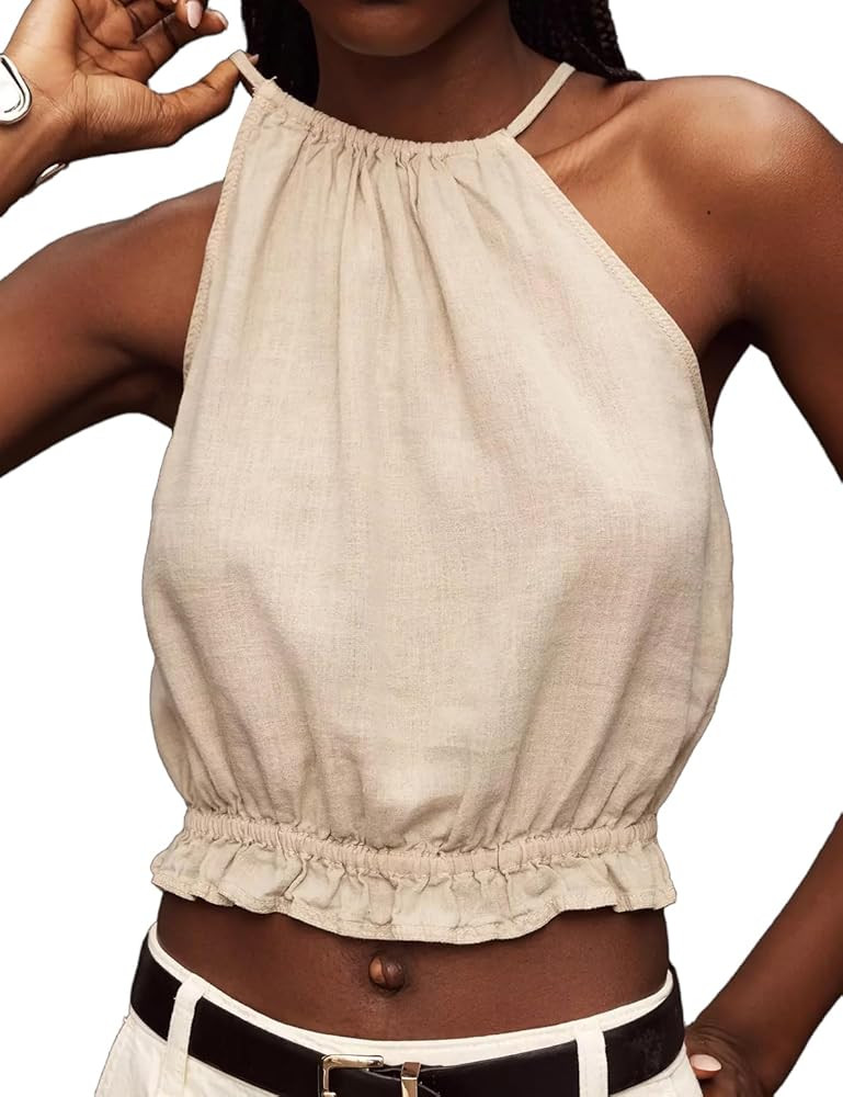 IDEALSANXUN Womens Crop Linen Halter Tops Summer High Neck Tank Tops Sleeveless Shirts | Amazon (US)