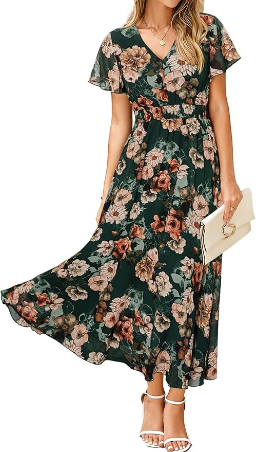 Simplee Womens Floral Maxi Dress - Short Sleeve Summer Boho Wedding Guest Dress Empire Waist Chif... | Amazon (US)