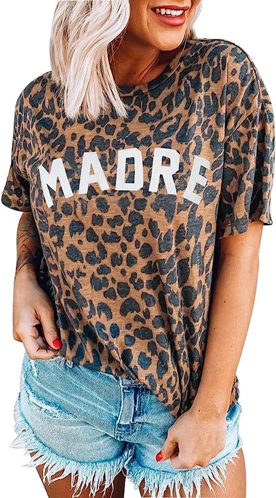 Women Madre Leopard Print T-Shirts Short Sleeve O-Neck Funny Letter Printed Casual Mama Shirts Bl... | Amazon (US)