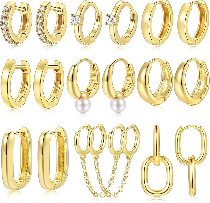 9 Pairs Small Gold Huggie Hoop Earrings for Women, 14K Gold Plated Lightweight Cartilage Earring ... | Amazon (US)
