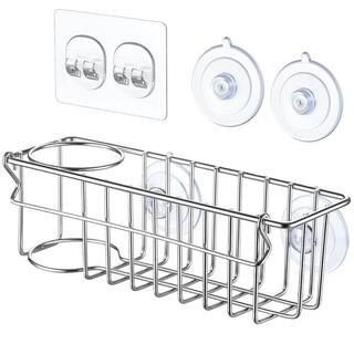 Silver Stainless Steel 3-In-1 Sponge Holder for Kitchen Sink with Suction Cups and Adhesive Hook for Dish and Cloth | The Home Depot