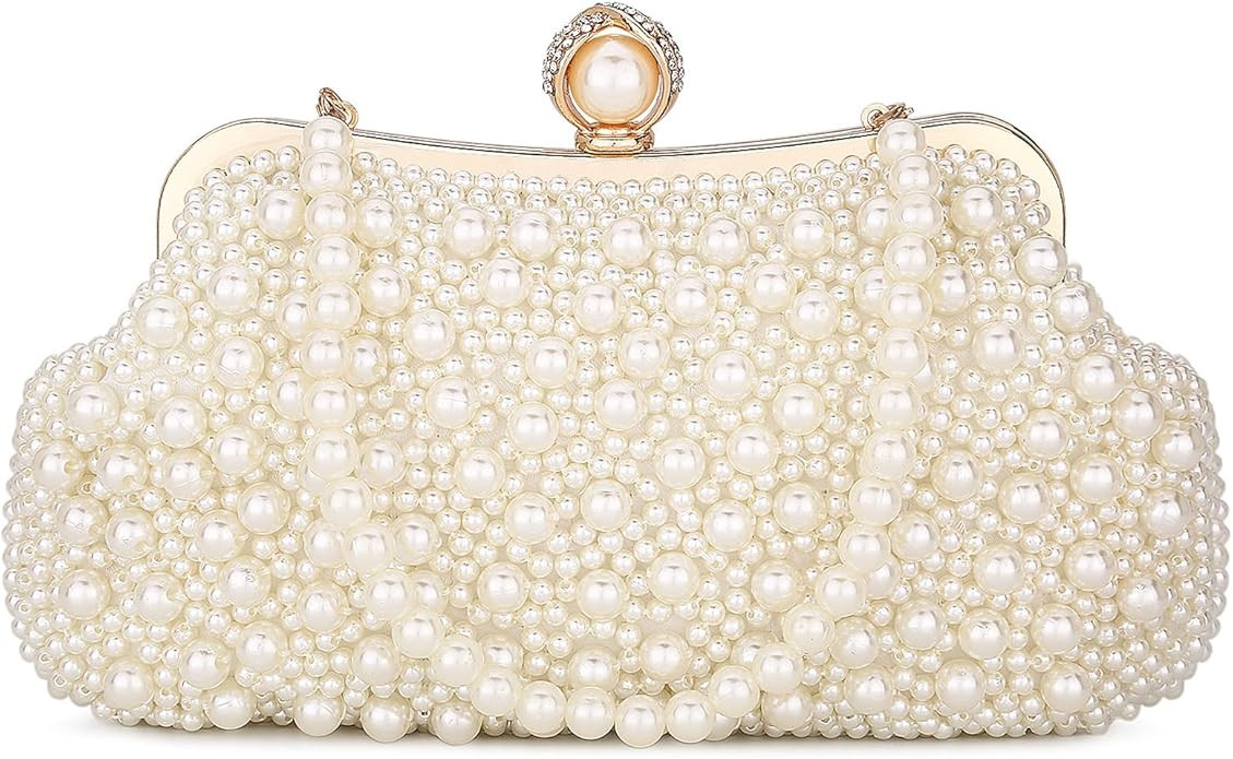 UBORSE Women Pearl Clutch Bag Noble Crystal Beaded Evening Bag Wedding Clutch with Pearl Chain | Amazon (US)