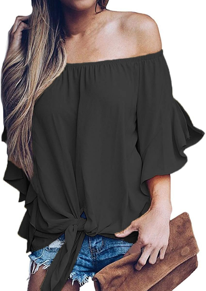 LuckyMore Womens Striped Off Shoulder Bell Sleeve Shirt Tie Knot Summer Blouses Tops | Amazon (US)