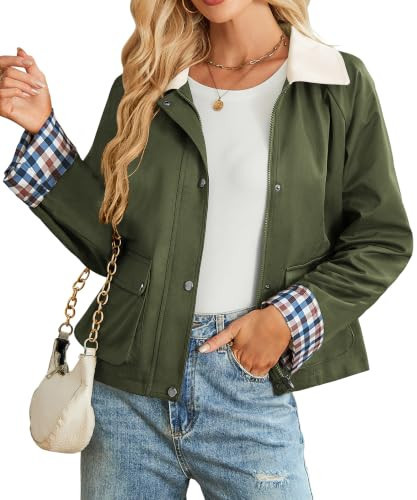 ECOWISH Barn Jackets for Women Contrast Collar Zip up Utility Jacket Coat 512Olive Green L | Amazon (US)