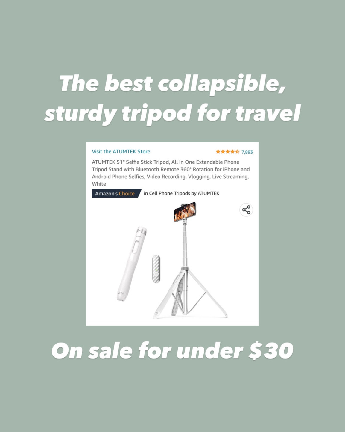 Collapsible tripod on sale, perfect for travel - ATUMTEK 51" Selfie Stick Tripod, All in One Extendable Phone Tripod Stand with Bluetooth Remote 360° Rotation for iPhone and Android Phone Selfies, Video Recording, Vlogging, Live Streaming, White 

#LTKSale #LTKunder50 #LTKtravel