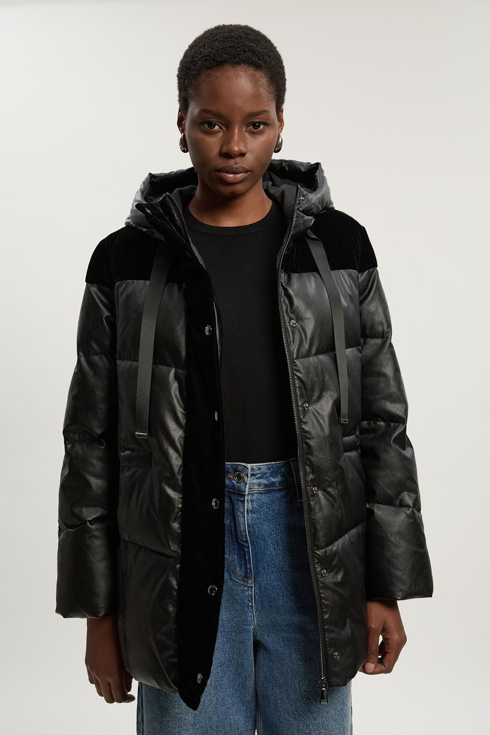 Faux Leather Padded & Velvet Mix Hooded Coat | Karen Millen US