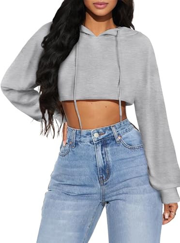 LovelyWholesale Women Cropped Hoodie Cute Long Sleeve Pullover Sweatshirts Grey Small | Amazon (US)