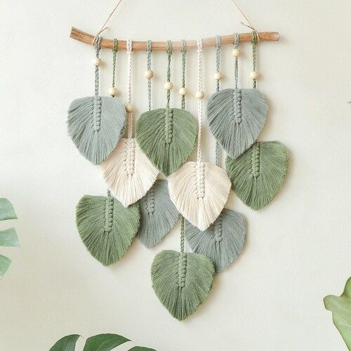 Green Leaves Macrame Wall Hanging, Macrame Feather Wall Decor, Scandinavian Decor, Wall Art, Boho Nu | Etsy (US)