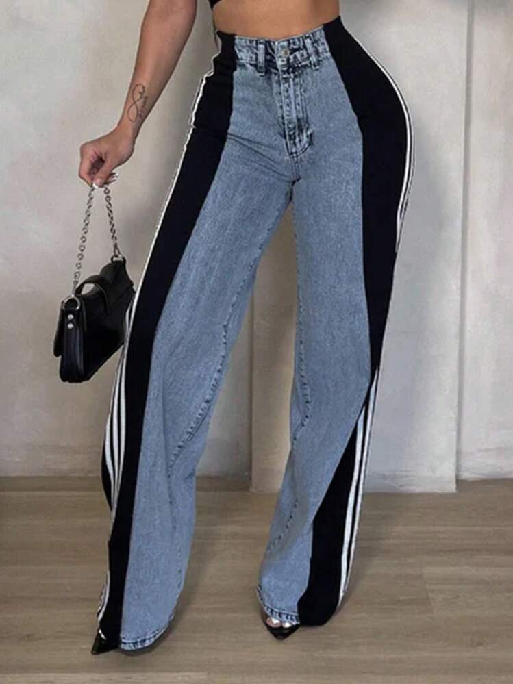 Womens Jeans With Patchwork Stripes High Waisted Stretchy Denim Color Block Straight Wide Leg Jean | SHEIN