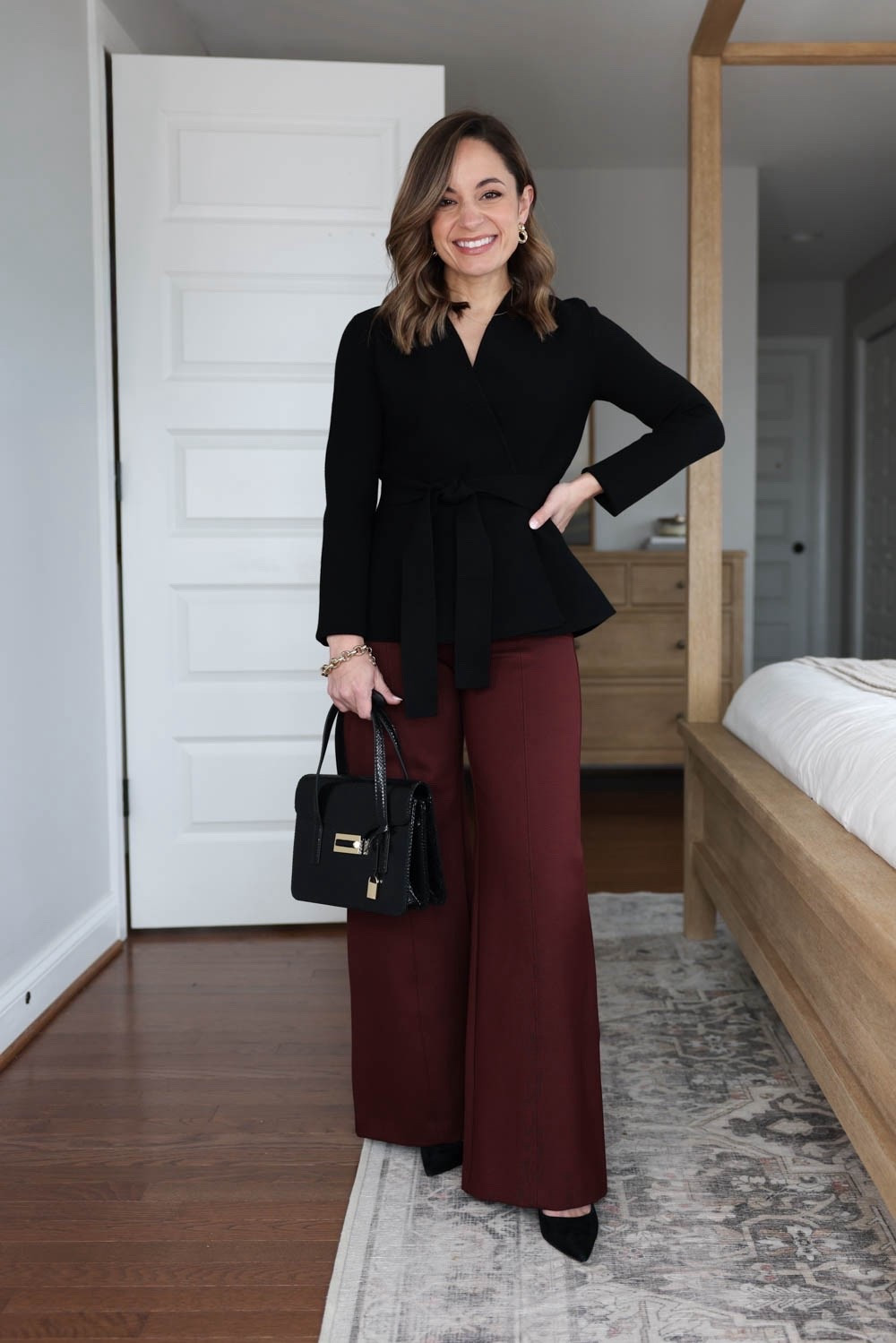 Burgundy pants styled four ways for work! 

These ponte pants are stretchy and comfortable. They come in three color options and in petite have a 10” rise and a 29” inseam (works best with heels for me). I recommend a size up for the best fit! If you base your sizing off of mine I would go with petite xs. 

Top (Aritzia): xxs - sleeves are cuffed under 
Earrings (LOFT)
Heels (Sam Edelman): tts - will also link boots 
Bag (J.Crew): but sold out 

My measurements for reference: I’m 4’10” and 105lbs. My bust, waist, and hip measurement is 32”, 24”, and 36”.