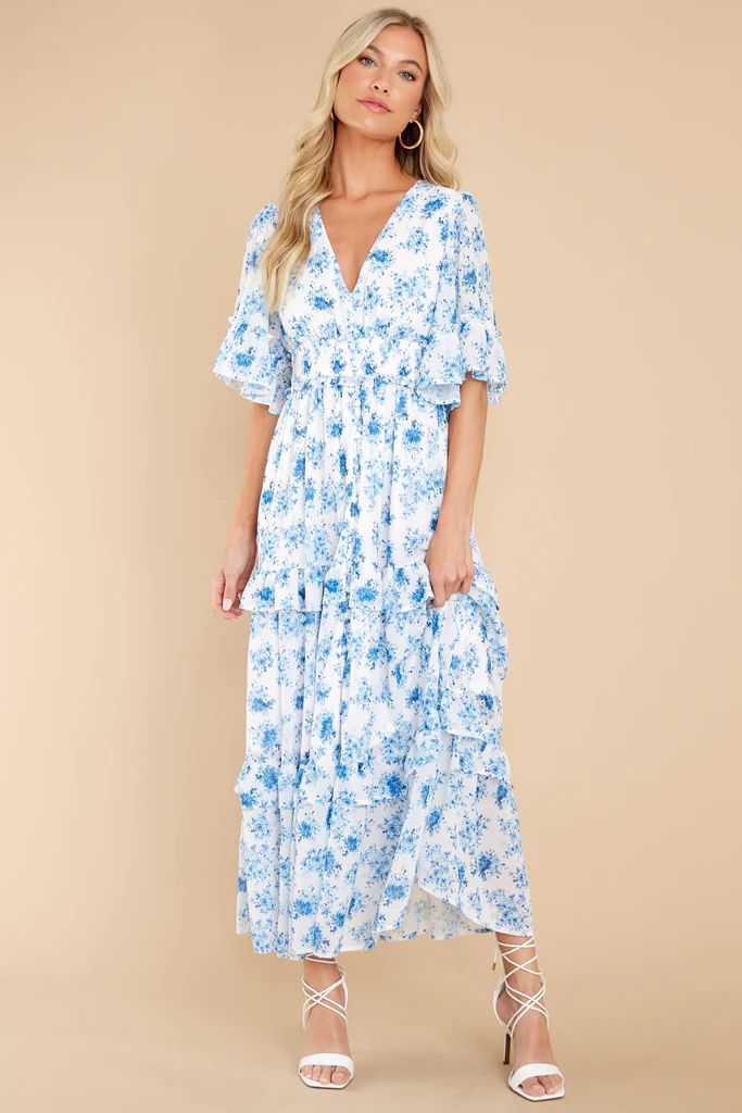 Bright Mornings White And Blue Floral Print Maxi Dress | Red Dress 