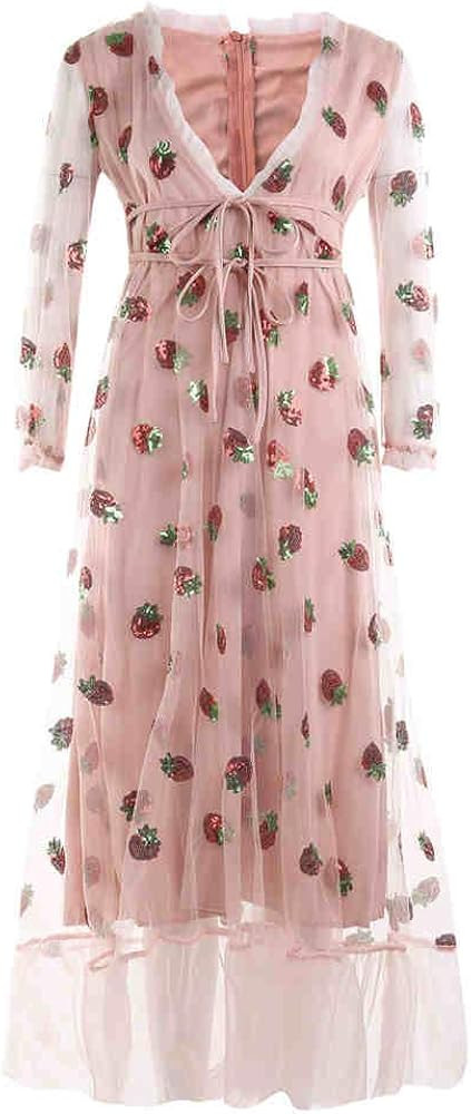 Women Embroidered Sequin Strawberry Cocktail Dresses Long Sleeve Plunge V Neck Lace Up Pleated Me... | Amazon (US)