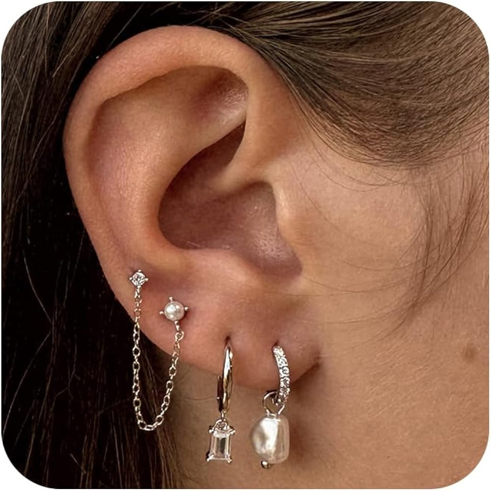 Pearl Earrings for Women,Dainty Gold Pearl Earrings 14K Gold Plated Stud Earrings Hypoallergenic ... | Amazon (US)