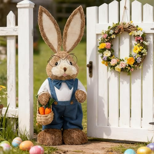 Juegoal Easter Bunny Decor, 32"(2.6FT) Large Standing Sisal Rabbit Figurine, Handmade Easter Straw Mr. Bunny Statues, Cute Photo Props Gifts for Farmhouse Spring Home Porch Decorations | Amazon (US)