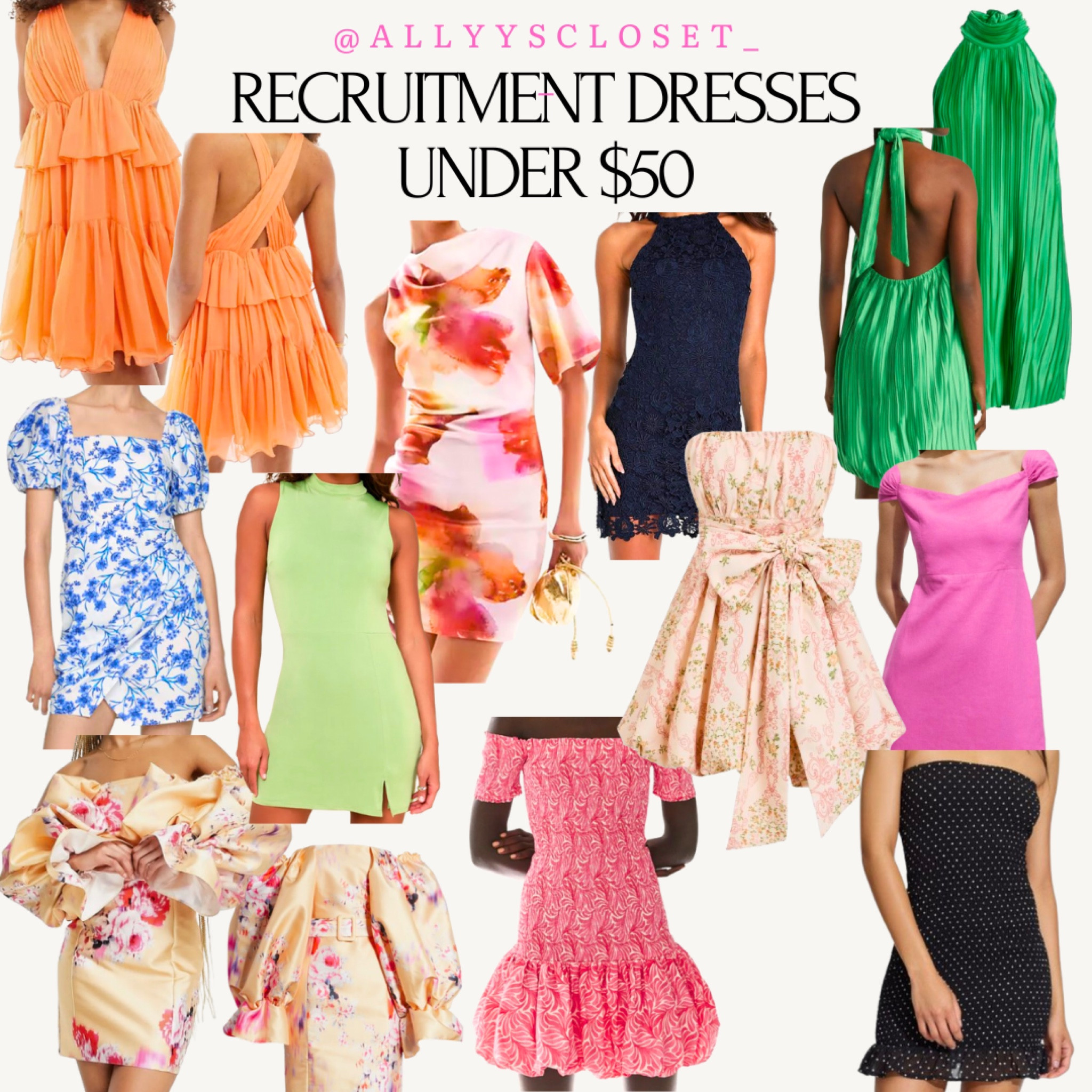 Recruitment dresses UNDER $50?! Yes please.🤩 
Two skirts that were unable to be linked:
1.) ASOS: “Scuba Cowl Neck Mini Dress in Oversized Pink Floral Print
2.) Nordstrom: “Floral Off the Shoulder Long Sleeve Satin Dress"

*Disclaimer: many of these items are currently marked down from full price, so some pieces may not match the price listed in graphic by time of access :)

#LTKFindsUnder100 #LTKFindsUnder50 #LTKStyleTip