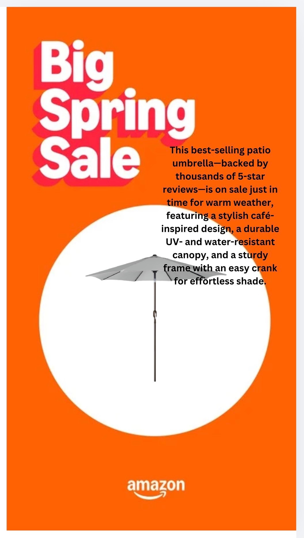This best-selling patio umbrella—backed by thousands of 5-star reviews—is on sale just in time for warm weather, featuring a stylish café-inspired design, a durable UV- and water-resistant canopy, and a sturdy frame with an easy crank for effortless shade.

#LTKHome #LTKSeasonal #LTKSaleAlert