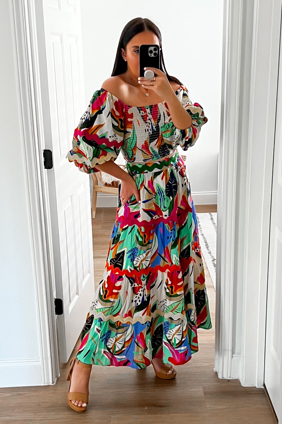 Red Dress Pure Bliss Turquoise Multi Print Skirt wearing size small. Red Dress Beautiful Endeavor Turquoise Multi Print Top wearing size small. Kendra Scott Ari Heart Gold Pendant Necklace. Chinese Laundry Women's Go on Super Suede Sandal size 9  