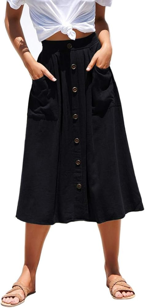 Azue Womens A Line Midi Skirt Elastic Waist Front Button Casual Pleated Skirt with Pockets | Amazon (US)