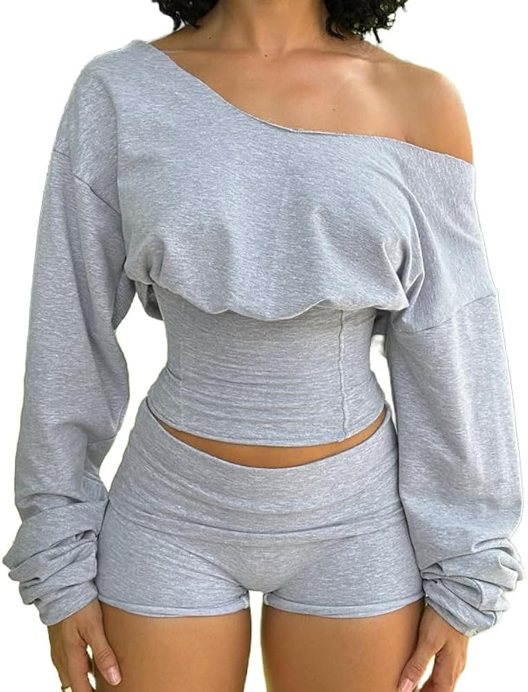 Sexy Two Piece Set For Women Long Sleeve Off Shoulder Backless Crop Top Slim Fit Shorts Casual Wo... | Amazon (US)