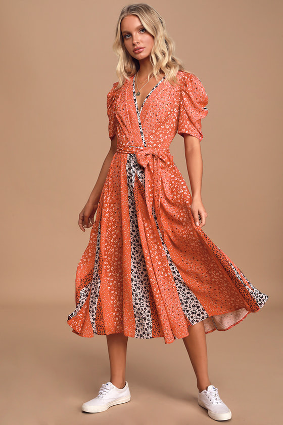 Drop A Mix Coral Red Multi Floral Print Puff Sleeve Midi Dress | Lulus (US)