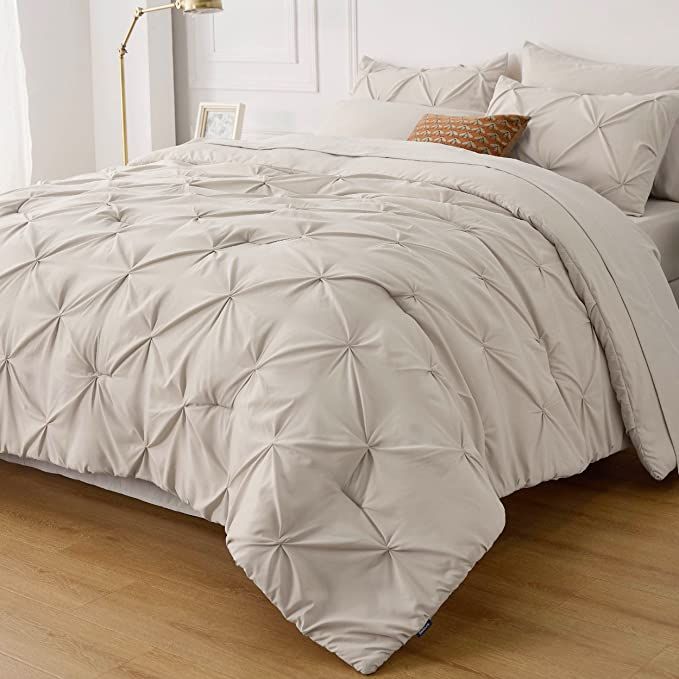 Bedsure Beige Comforter Set Queen - Bed in a Bag Queen 7 Pieces, Pintuck Bedding Sets Beige Bed S... | Amazon (US)