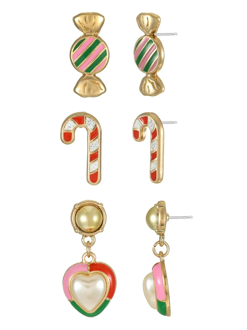 Holiday Time Candy Cane, Candy and Heart Motif Earrings, 3 Pairs | Walmart (US)