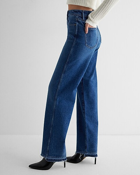 High Waisted Medium Wash Distressed Hem Relaxed Straight Jeans | Express